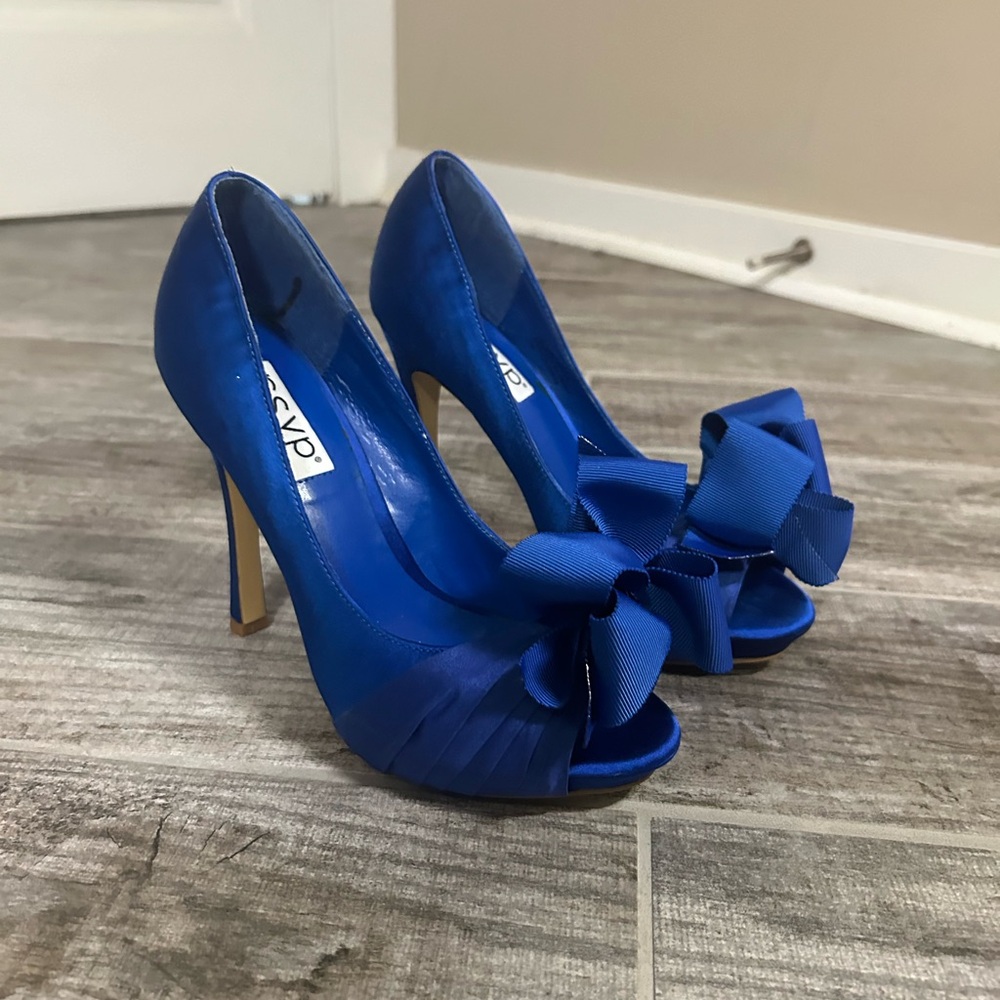 RSVP Blue Satin Peep-Toe Heels with Bow